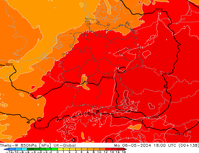 Theta-W 850hPa UK-Global pon. 06.05.2024 18 UTC