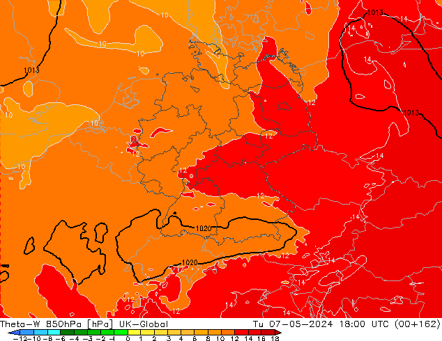 Theta-W 850hPa UK-Global Ter 07.05.2024 18 UTC