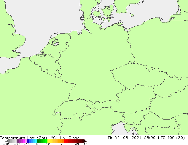 Temperature Low (2m) UK-Global Th 02.05.2024 06 UTC