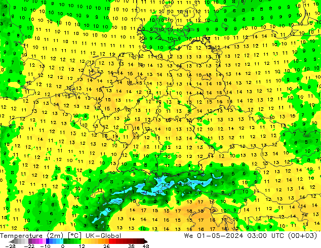 Temperaturkarte (2m) UK-Global Mi 01.05.2024 03 UTC