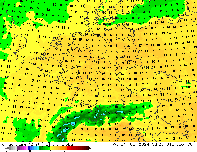 Temperature (2m) UK-Global We 01.05.2024 06 UTC