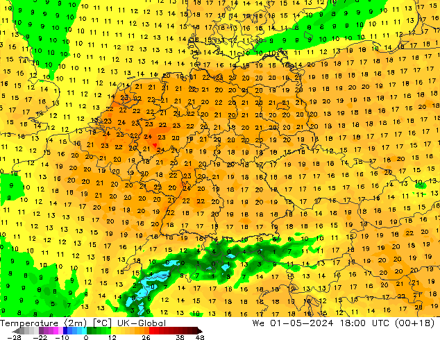 Temperatura (2m) UK-Global mié 01.05.2024 18 UTC