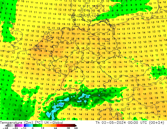 Temperature (2m) UK-Global Čt 02.05.2024 00 UTC