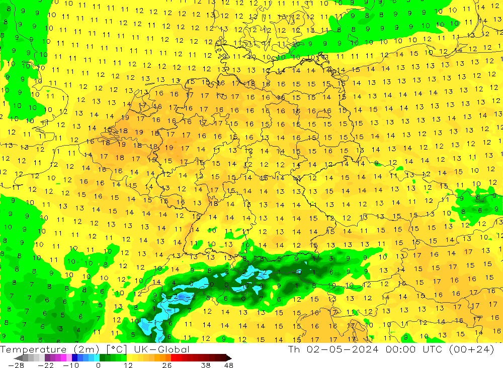 Temperature (2m) UK-Global Th 02.05.2024 00 UTC