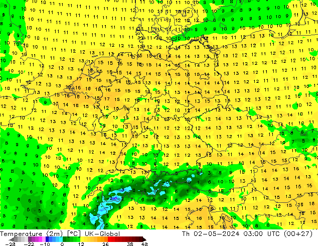 Temperaturkarte (2m) UK-Global Do 02.05.2024 03 UTC