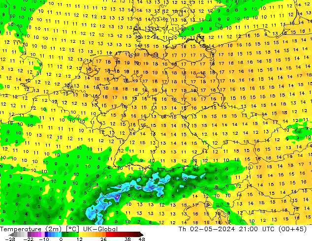 Temperatura (2m) UK-Global Qui 02.05.2024 21 UTC