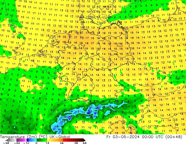 Temperatuurkaart (2m) UK-Global vr 03.05.2024 00 UTC