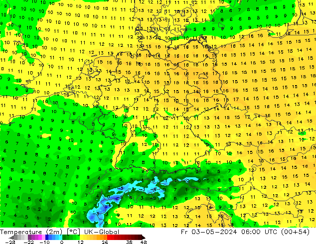 Temperature (2m) UK-Global Fr 03.05.2024 06 UTC