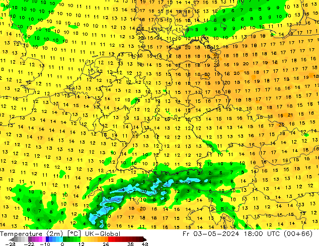 Temperaturkarte (2m) UK-Global Fr 03.05.2024 18 UTC