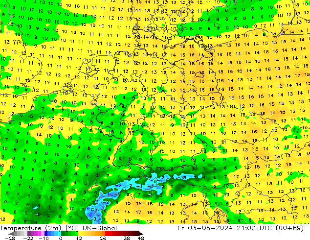 Temperature (2m) UK-Global Pá 03.05.2024 21 UTC