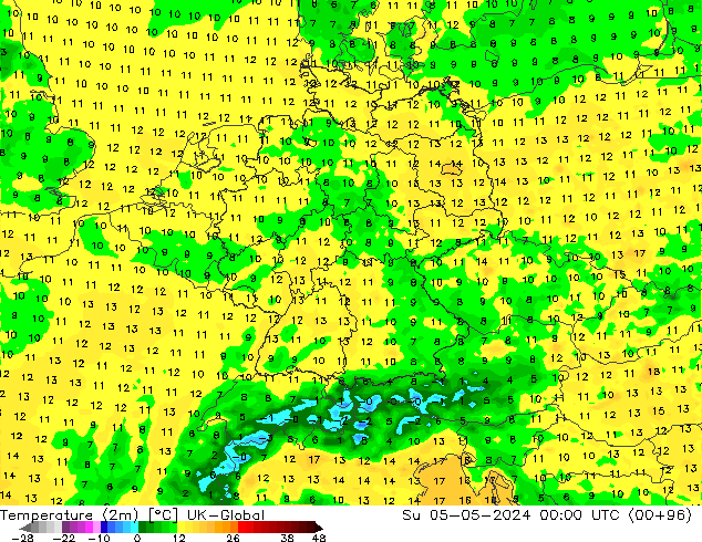 Temperatuurkaart (2m) UK-Global zo 05.05.2024 00 UTC