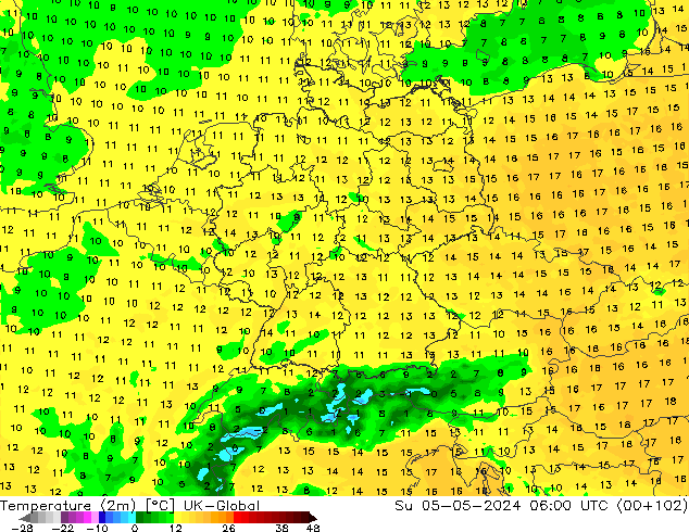 Temperature (2m) UK-Global Su 05.05.2024 06 UTC