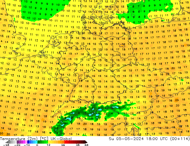 Temperaturkarte (2m) UK-Global So 05.05.2024 18 UTC