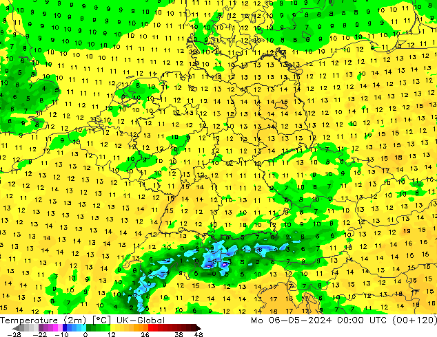 Temperature (2m) UK-Global Mo 06.05.2024 00 UTC