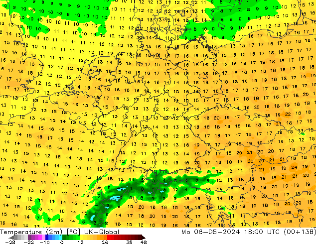 Temperature (2m) UK-Global Mo 06.05.2024 18 UTC