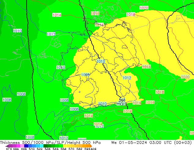 Schichtdicke 500-1000 hPa UK-Global Mi 01.05.2024 03 UTC