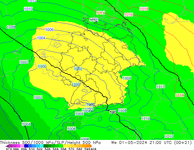 Espesor 500-1000 hPa UK-Global mié 01.05.2024 21 UTC