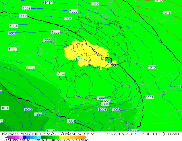 Thck 500-1000hPa UK-Global Čt 02.05.2024 12 UTC