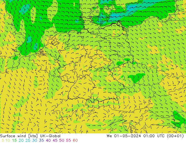 Viento 10 m UK-Global mié 01.05.2024 01 UTC