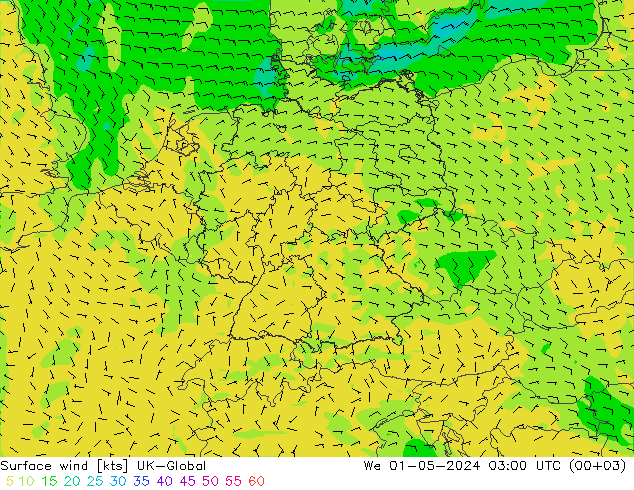 Vento 10 m UK-Global Qua 01.05.2024 03 UTC