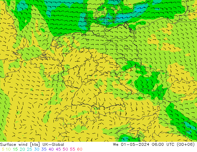 Vento 10 m UK-Global mer 01.05.2024 06 UTC