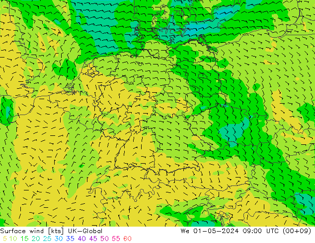 Surface wind UK-Global We 01.05.2024 09 UTC