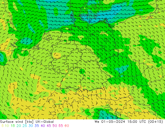 Surface wind UK-Global We 01.05.2024 15 UTC