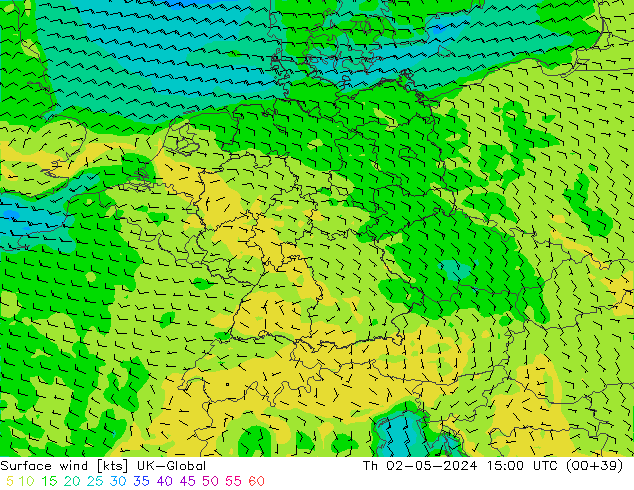 Vento 10 m UK-Global Qui 02.05.2024 15 UTC