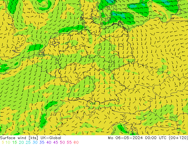 Viento 10 m UK-Global lun 06.05.2024 00 UTC