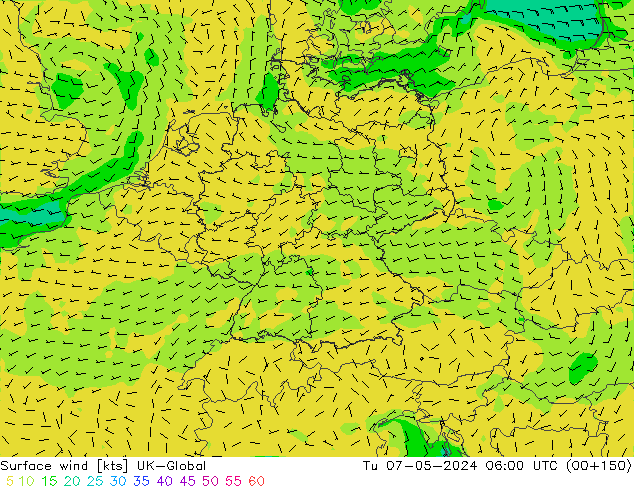 wiatr 10 m UK-Global wto. 07.05.2024 06 UTC