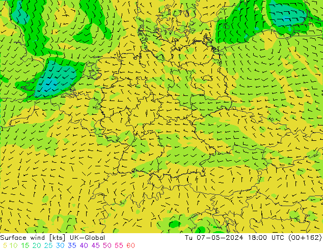 Surface wind UK-Global Tu 07.05.2024 18 UTC
