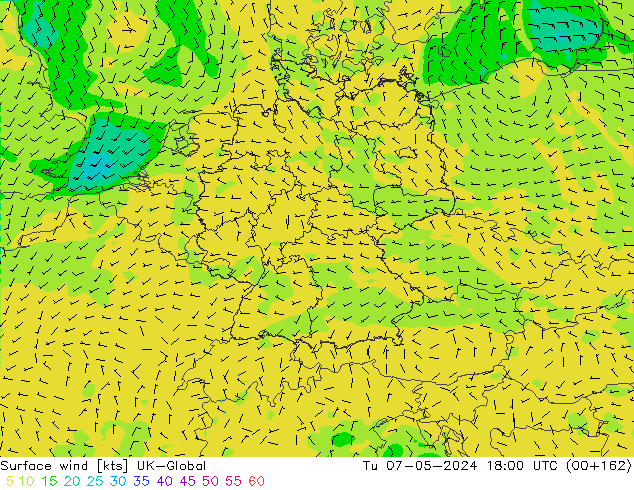 wiatr 10 m UK-Global wto. 07.05.2024 18 UTC