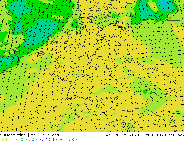 Viento 10 m UK-Global mié 08.05.2024 00 UTC