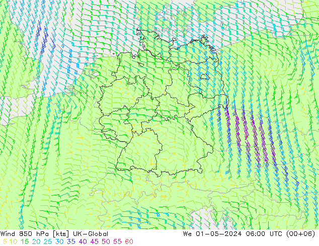 Wind 850 hPa UK-Global We 01.05.2024 06 UTC