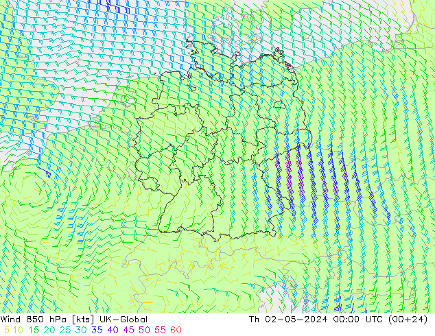 Wind 850 hPa UK-Global Do 02.05.2024 00 UTC