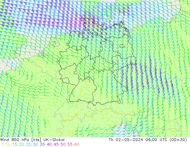 Wind 850 hPa UK-Global Th 02.05.2024 06 UTC