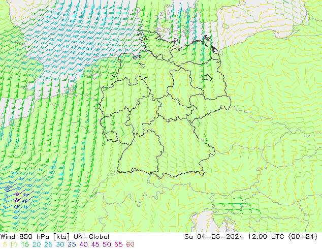 Vento 850 hPa UK-Global Sáb 04.05.2024 12 UTC