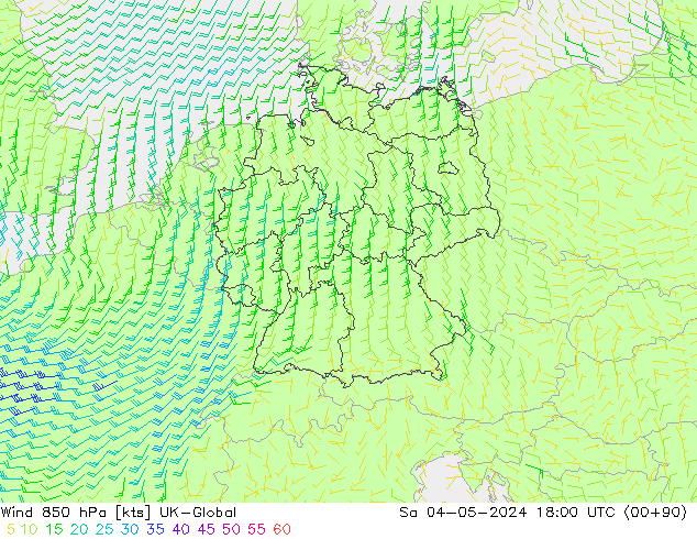 Vento 850 hPa UK-Global Sáb 04.05.2024 18 UTC