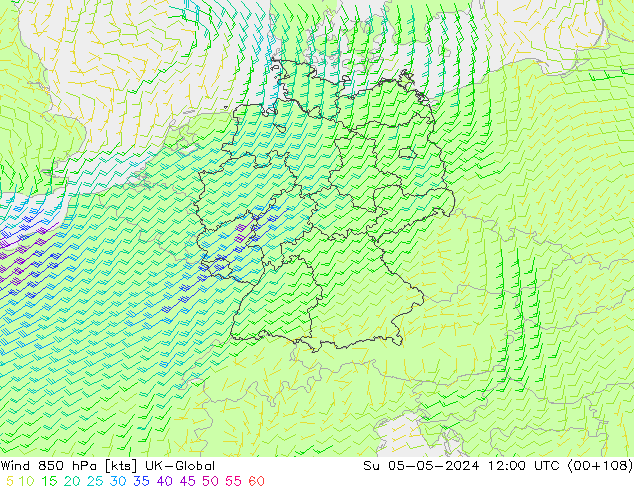 Vento 850 hPa UK-Global Dom 05.05.2024 12 UTC