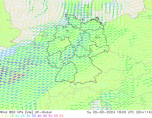 wiatr 850 hPa UK-Global nie. 05.05.2024 18 UTC