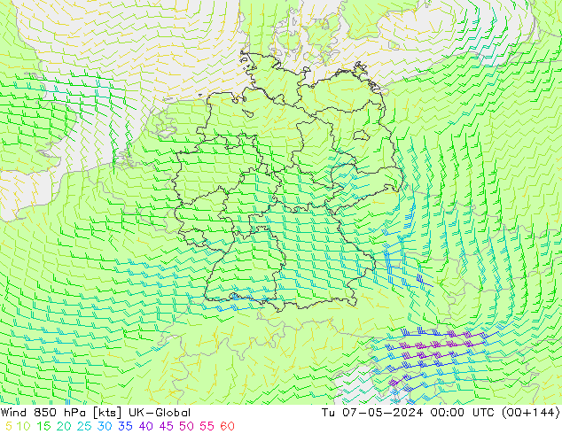 Wind 850 hPa UK-Global Tu 07.05.2024 00 UTC