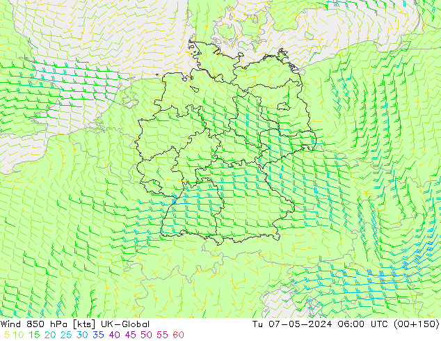 Wind 850 hPa UK-Global Tu 07.05.2024 06 UTC