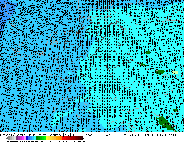 Height/Temp. 500 hPa UK-Global Mi 01.05.2024 01 UTC