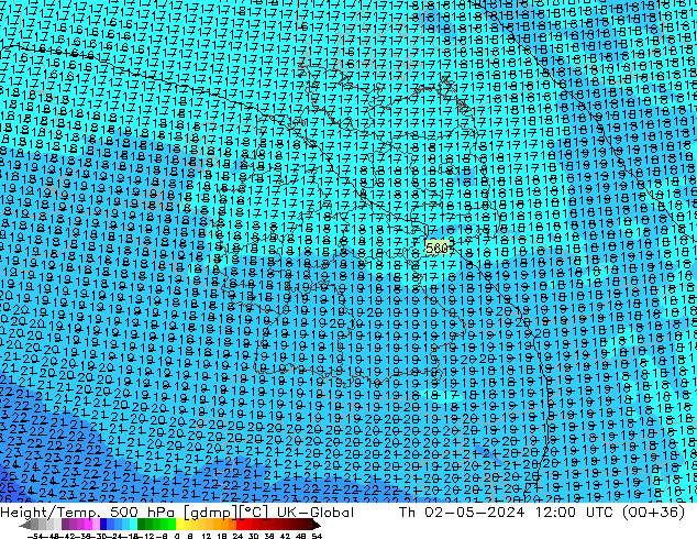 Height/Temp. 500 hPa UK-Global gio 02.05.2024 12 UTC