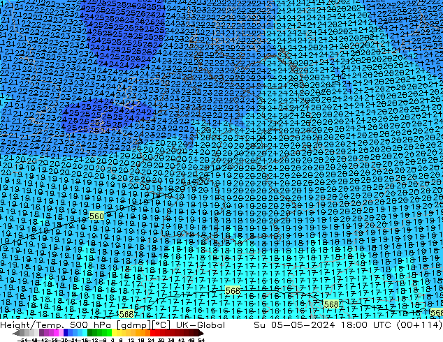 Height/Temp. 500 hPa UK-Global nie. 05.05.2024 18 UTC