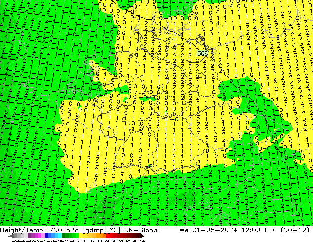 Height/Temp. 700 hPa UK-Global We 01.05.2024 12 UTC