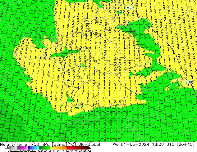 Height/Temp. 700 hPa UK-Global Qua 01.05.2024 18 UTC