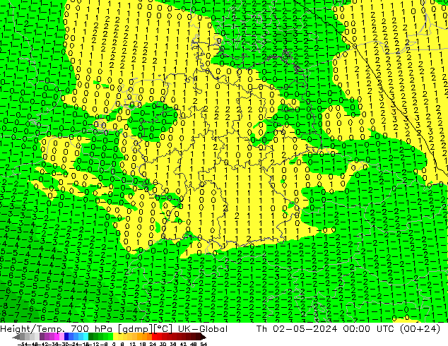 Height/Temp. 700 hPa UK-Global Čt 02.05.2024 00 UTC