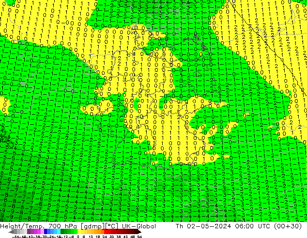 Géop./Temp. 700 hPa UK-Global jeu 02.05.2024 06 UTC