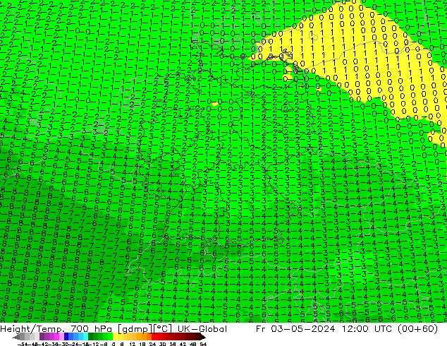 Geop./Temp. 700 hPa UK-Global vie 03.05.2024 12 UTC